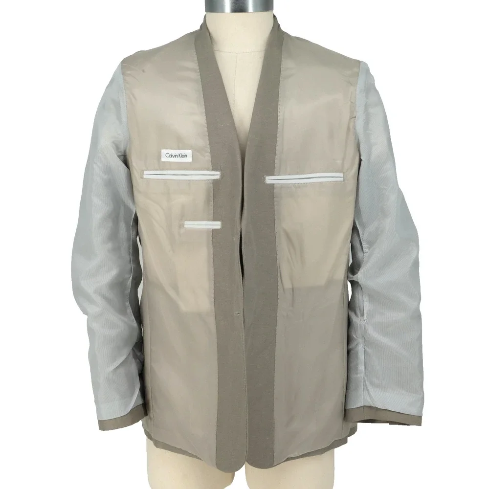 Calvin Klein Sport Coat Mens Large 44R Beige Linen Cotton Lined Blazer Jacket